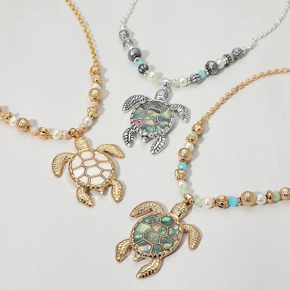 Abalone Gold Beaded Turtle Pendant Necklace Chain Fun Statement Jewelry Set - Picture 4 of 5
